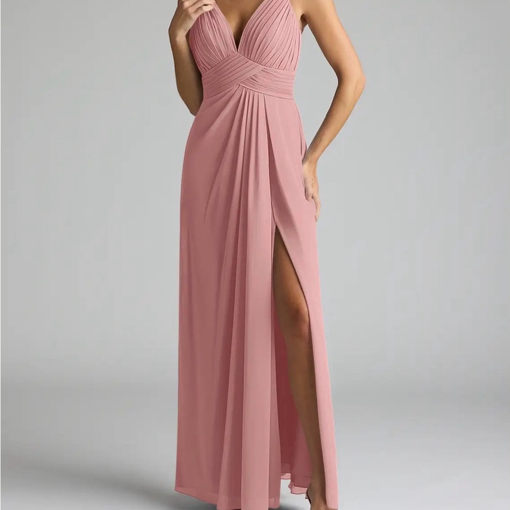 Azazie Dusty Rose V-Neck Maxi Dress Side Slit,formal,prom,wedding Sz W 16